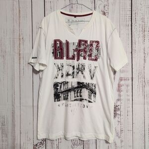 Blackarv Men's Graphic Embroidered Tee sz L White/Black/Red Split Crew Neck VGC